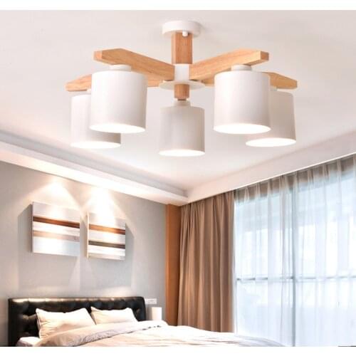 Nordic Indoor Chandelier Wood Lamp Body Iron Lampshade Living Room Bedroom Study Clothing Store LED E27 AC85-265v Hanging Lights