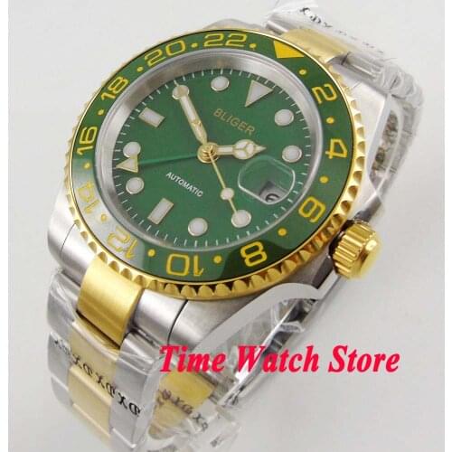 40mm Bliger mens watch green dial luminous sapphire glass ceramic bezel date window GMT Automatic movement 286