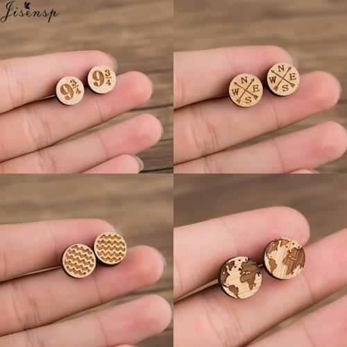 Jisensp 2019 New Arrival Geometric Round Wooden Earrings Vintage Style Compass and World Map Ear Stud for Women Men Travel Gift