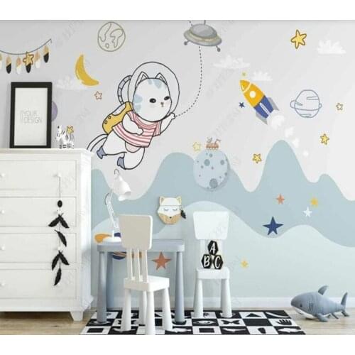 Custom papel parede hand-painted cat astronaut cartoon space childrens room for living room bedroom decoration wallpaper