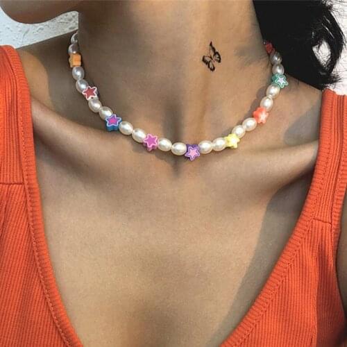 DIEZI Bohemian Imitation Pearl Necklace For Girls Cute Sweet Star Choker Necklace Multicolor Soft Clay Beads Necklace Jewelry