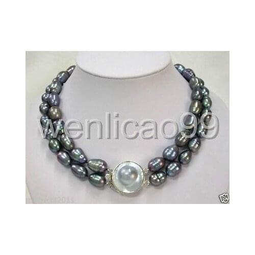 2 Rows natural 9-10mm tahitian black pearl necklace 17"-18" MABEI CLASP