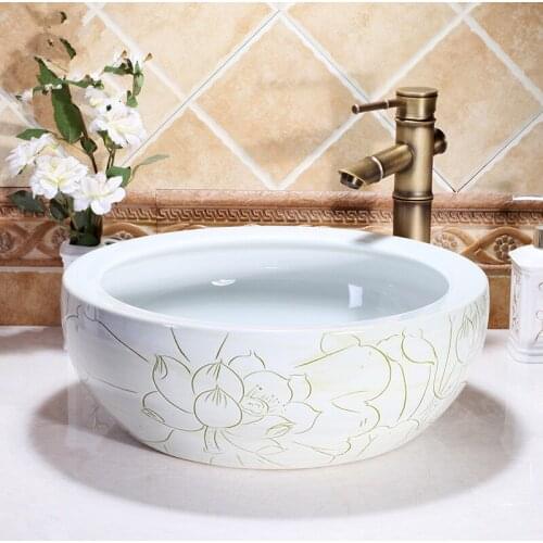 Lotus Glazed Art porcelain Counter top Bathroom Sink Lavabo Washbasin hand painted vessel sinks