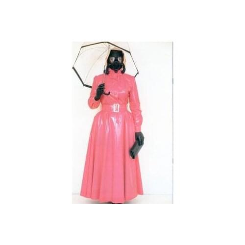 Sexy Pink Womens Long Sleeve Unisex Latex Exotic Dress Rubber Ball Gown with Belt and Back Zipper