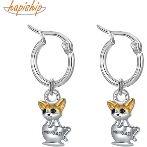 Hapiship 2021 New Fashion Sweet Stainless Steel Dog Fox Owl Tortoise Elephant Hoop Earring For Women Everyday Jewelry DJ317
