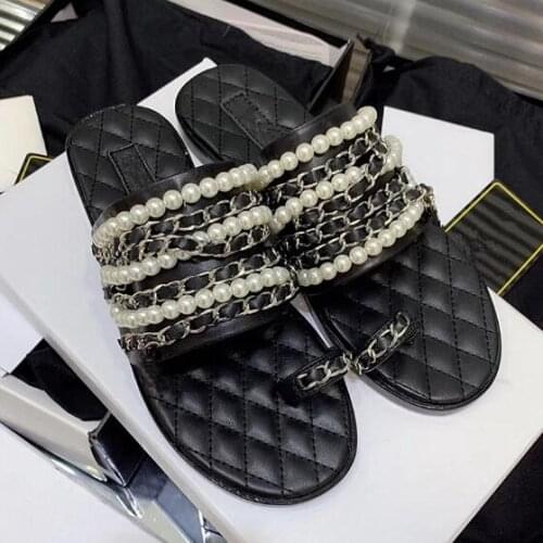 Chains Beads Decor Flat Women Slides 2020 flip flop Brand Design Slippers Women Summer Shoes Woman Chaussures Femme