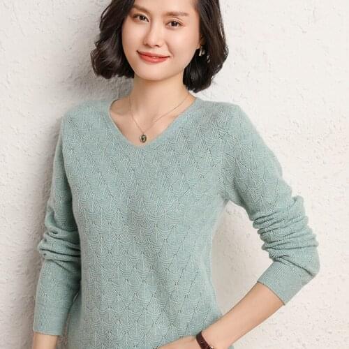 Spring Autumn Womens Sweater Fashion Hollow V-Neck 100% Wool Knitted Pullover Long Sleeve Soft Jumpers Pull Femme Tops Clothing