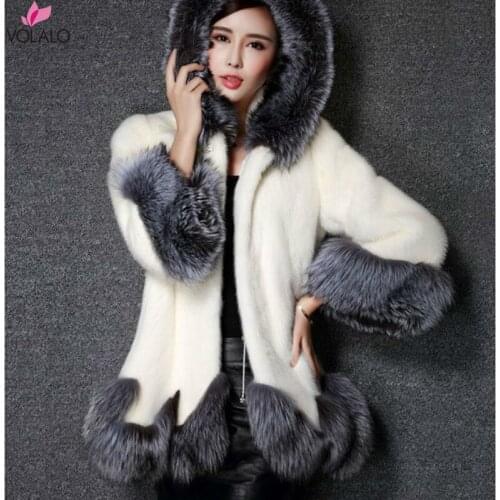 High Imitation Fur Coat Women Silver Fox Fur Collar Hooded Mink Fur Faux Fur Coat Fedorova Medium-long Overcoat 2020