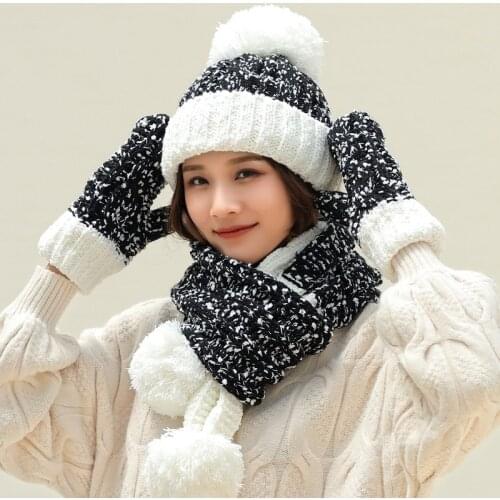 Casual Women Winter Hat Scarf Gloves Sets Warm Knitting Skullies Beanies Hat Three - piece Knitted Hats Scarf Set Girls Caps