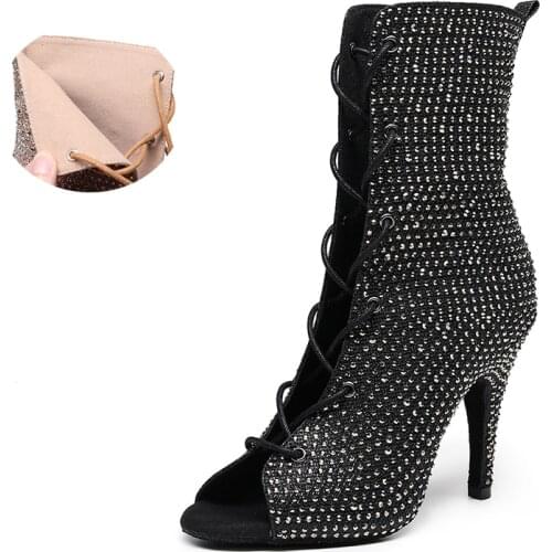 Rhinestione High Top Latin Dance Boots For Woman Lace Up Ballroom Laino Dance Shoes For Girls High Heel Salsa Dancing Shoes