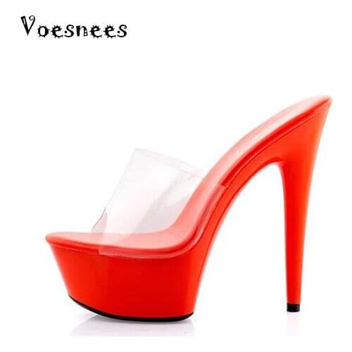 High Quality Big Yards Slipper 34-44 Women Shoes Slides Ultra-high-heeled 15cm Platform Wedding Shoe Stransparent Slippers