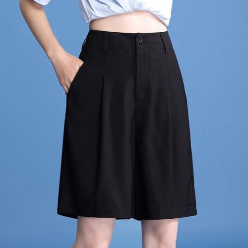 2021 Summer Casual Womens Knee Length Pants Loose Solid Color Ladies Half Shorts Pockets Female Wide Leg Pants Plus Size KN205