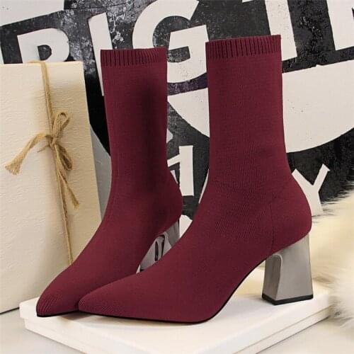 2020 Fashion Women Knitting Stretch Boots 7cm High Heels Shoes Block Low Heels Pointed Toe Prom Sexy Burgundy White Ankle Boots