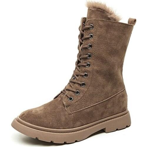 Genuine Leather Winter motorcycle boots Plush fur warm Womens snow boots Mid Calf boots New product womens shoes