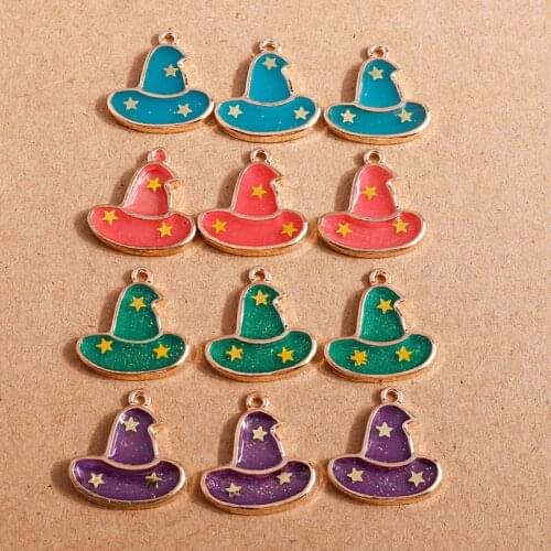 10pcs 19*20mm 4 Colors Enamel Magic Hat Charms for Making Earrings Pendant Necklaces Keychain DIY Halloween Jewelry Findings