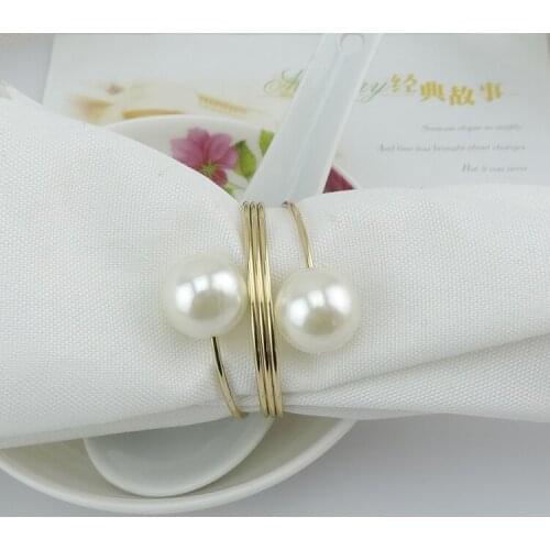12pcs White Pearl Gold Metel Gem Napkin Ring Serviette Holder Wedding Party Decor Craft New