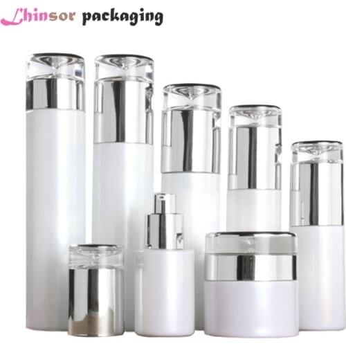 5pcs/lot Pearl White Glass Silver Cover Spray Lotion Press Pump Bottles Cream Jars High-grade Cosmetic Packaging Containers