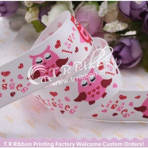 7/8"22mm Free shipping lovely cartoon owl with glitter printed grosgrain ribbon top quality wholesale, 50yards/lot 029 white