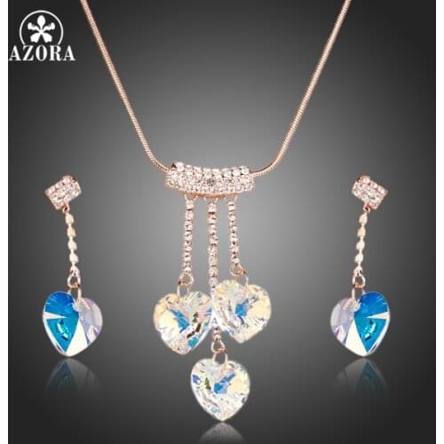 AZORA Rose Gold Color Heart Austrian Crystal Pendant Necklace and Drop Earrings Jewelry Sets TG0145