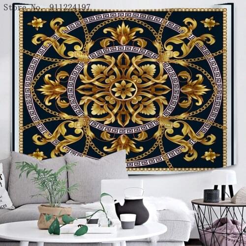 Black Gold Modren Tapestry Wall Hanging 3D Gold Chain Print Tapestry Flower Tapestries Wall Carpet Psychedelic Retro Home Decor