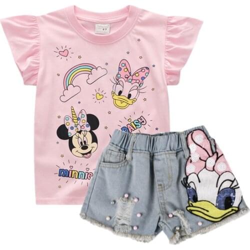 Summer Disney Toddler Clothing Sets for Girls Minnie Mouse Shirt&daisy Duck Broken Hole Denim Shorts Children Vetement Enfant