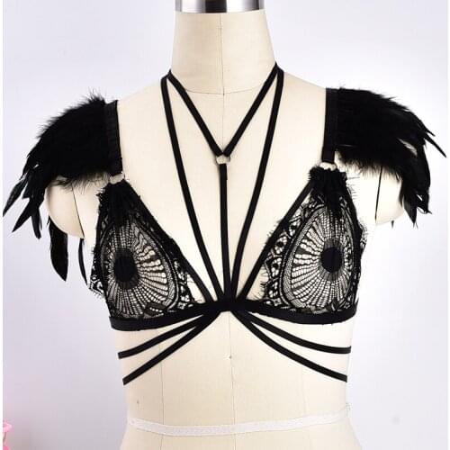 Black Feather Lace epaulettes Adjust straps Bondage Lingerie Gothic Body Harness shoulder halloween burlesque burningMan