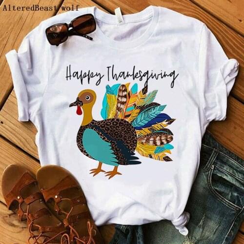Thanksgiving doodle illustration T shirt happy thanksgiving shirt women funny printed white clothes christmas t shirt femme Tops