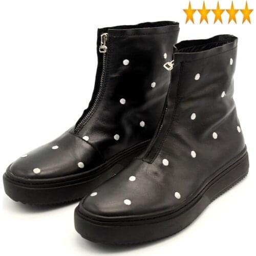 Dot Casual Polka Round Toe Men Winter Zipper Black Cow Leather Platform Boots Quality Concise High Top Hip Hop Botas