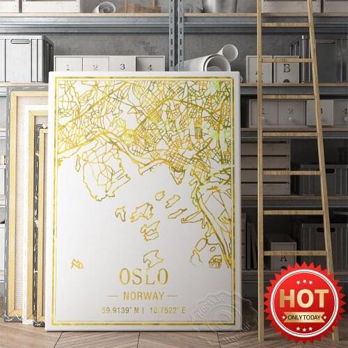 Oslo Norway City Goid Line Art Map Poster, World Tavel City Street Map Prints, Nordic Simple Modern Office Decor Wall Picture