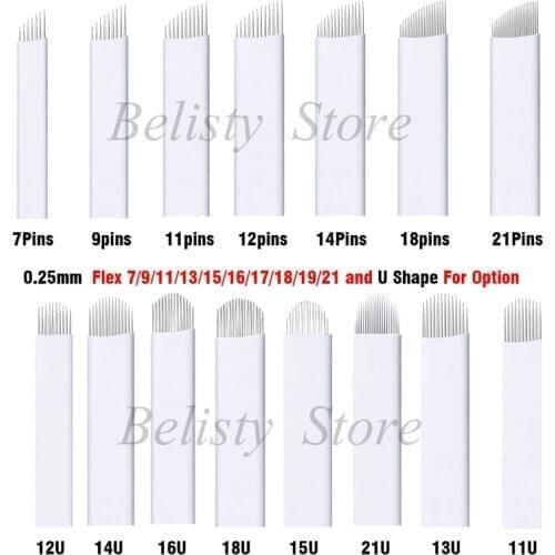White 0.25mm Flex 7/9/11/12/16 Microblading Eyebrow Tattoo Needles Permanent Makeup Manual Blades Shading Pins