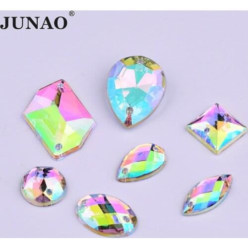 JUNAO Mix Size Sew On Crystal AB Rhinestones Flat Back Strass Applique Sewing Acrylic Crystal Stones for Dress Needlework