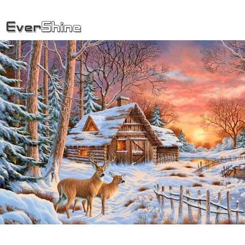 Evershine Diamond Embroidery House Rhinestone Art Cross Stitch Deer Diamond Painting Landscape Mosaic Winter Handicraft