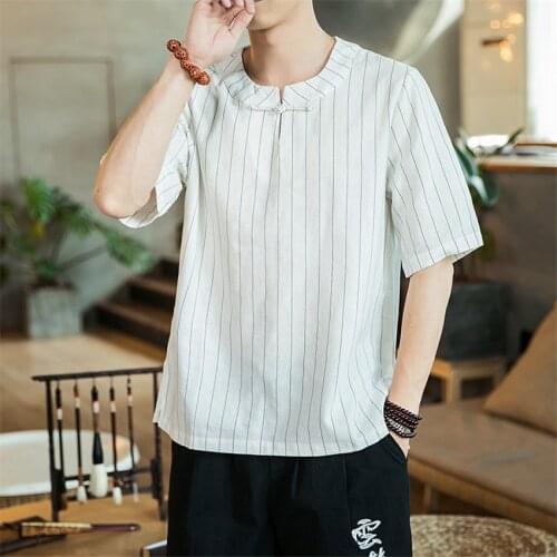 Chinese Traditional Clothing Fashion Vintage Stripe Tang Suit Summer New Short Sleeve T-shirts Hanfu Loose Breathable Shirt