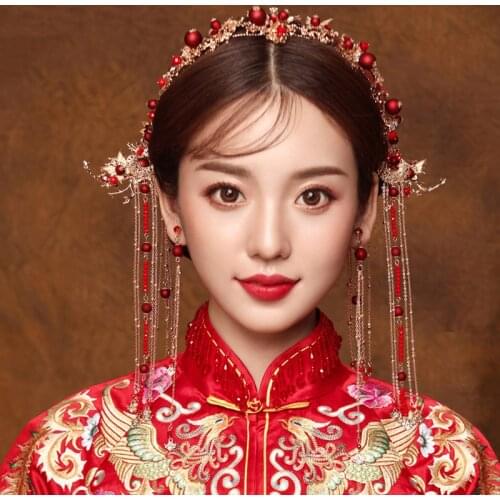 Chinese Hair Accessories Sets Hairpin Hair Stick Headdress Pin Red Bridal Hair Jewelry Traditional Hairpin Headpiece Headband