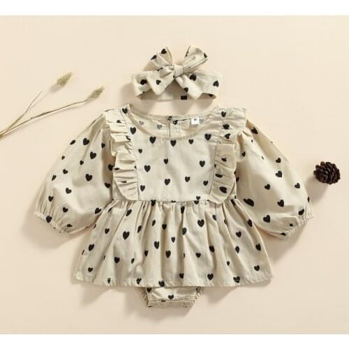 Newborn Baby Girls Heart Pattern Print Jumpsuits Long Sleeve Romper Dress with Bow Headband Ruffle Decoration Children Clothes