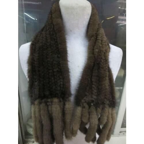 Fashion /womens real Mink Fur handmade Knitted Double Tassel Scarf / Brown