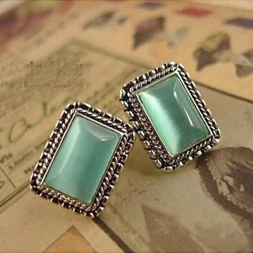 New Antique Square Crystal Stud Earrings Women Cute Girls Vintage Opal Stone Earing Female Wedding Jewelry Brincos Party Gift