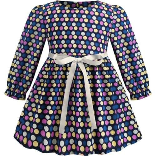 Girls O-neck Long Sleeve Small Flowers Print Casual Fashion A-line Knee Length Dresses Dot Design Little Girls Dresses