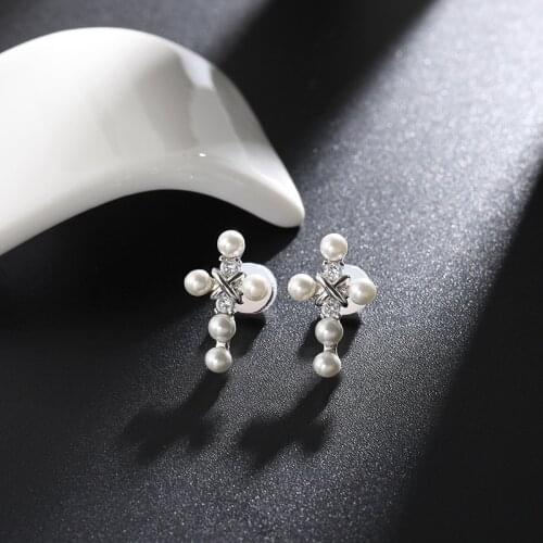Simple Classic Small Cross Pearl Earrings Trendy New Women Earring Jewelry Retro Zircon Aretes De Mujer Zk30