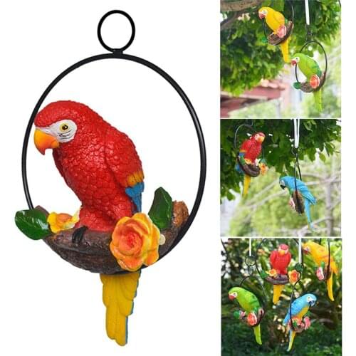 Tropical Garden Statue Simulation Parrot Birds Perching on Ring Resin Hanging Ornament for Home Greenhouse A1