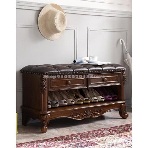 American Style All Solid Wood Shoe Changing Stool Adult Shoe Testing Cabinet Entrance Storage Chair Storage Stool Simple Modern