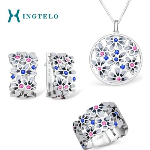 XINGTELO 925 Sterling Silver Jewelry Set for Women Pink Blue Cubic Zirconia Pendant Ring Chain Earrings Enamel Flower Jewelry
