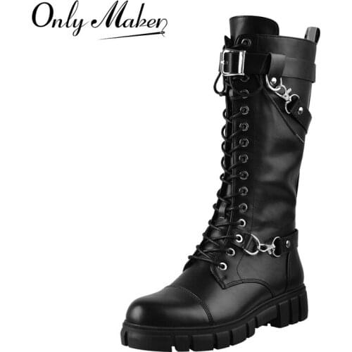 Onlymaker Womens Round Toe Mid-Calf Boots Matte Black Lace-Up Buckle Decoration Flat Boots Fashion Zipper Big Size Punk