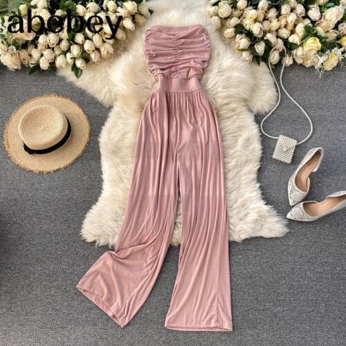 Women Sexy Strapless Jumpsuits Ruched Sleeveless Elegant Solid Rompers Summer Off Shoulder Beach Wide Leg Long Rompers