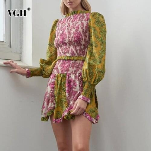 VGH Vintage Print Two Piece Set For Women O Neck Lantern Long Sleeve Ruched Top High Waist A Line Mini Skirt Slim Sets Females