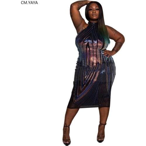 Plus Size X-5XL Women Autumn Winter Midi Dress Sequined Sleeveless Halter Sexy Club Night Party Wear Knee-Length Dress YF1096