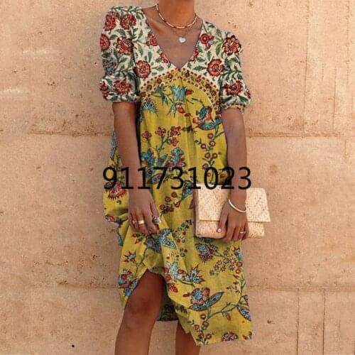 2021 Summer Casual V-Neck Print Loose African Clothes for Women Mid-Calf Dress Elegant Lady Puff Sleeve Large Size Outdoor Wear