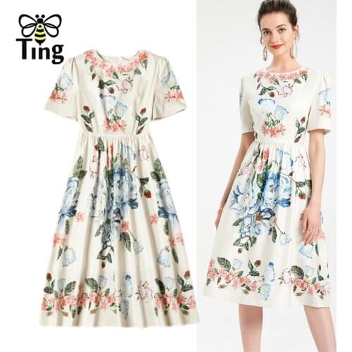Tingfly Vintage Elegant Floral Printing Summer Midi Long Dress Designer Casual Office Style Women Dress Plus Size 2XL Robes Za