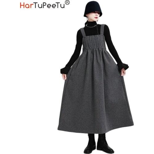 2020 Winter Women Woolen Slip Dress Midi Big Pleated Hem Design Plus Size Loose Basic Sleeveless Black Gray Thick Warm Vestido