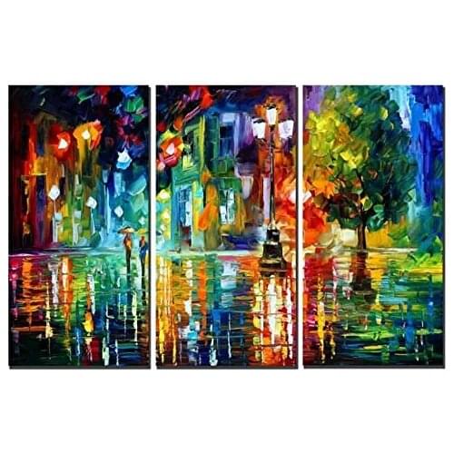 3 Panels Modern Giclee Landscape Artwork Rainy Street Canvas Prints Paintings Wall Pictures for Bedroom Stretched Framed